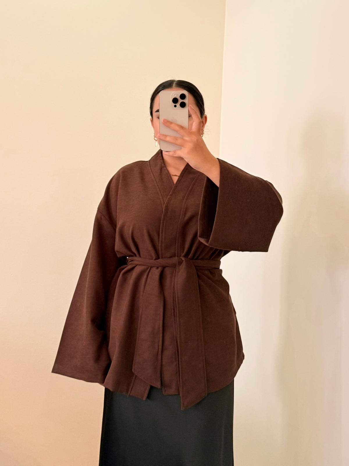 Soft Süet Kadife Dokulu Acı Kahve Kimano