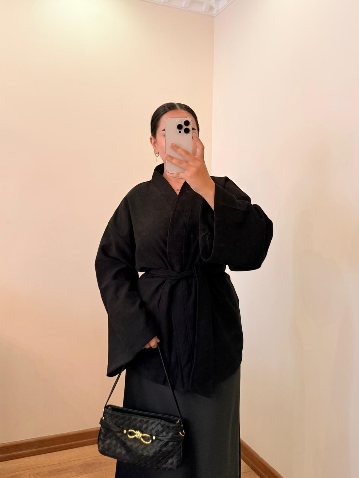 Soft Süet Kadife Dokulu Siyah Kimano