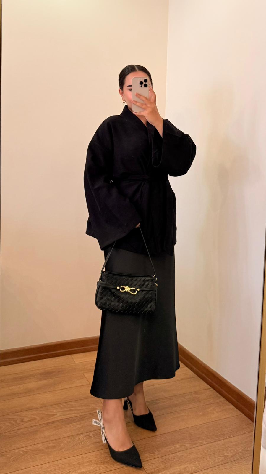 Soft Süet Kadife Dokulu Siyah Kimano