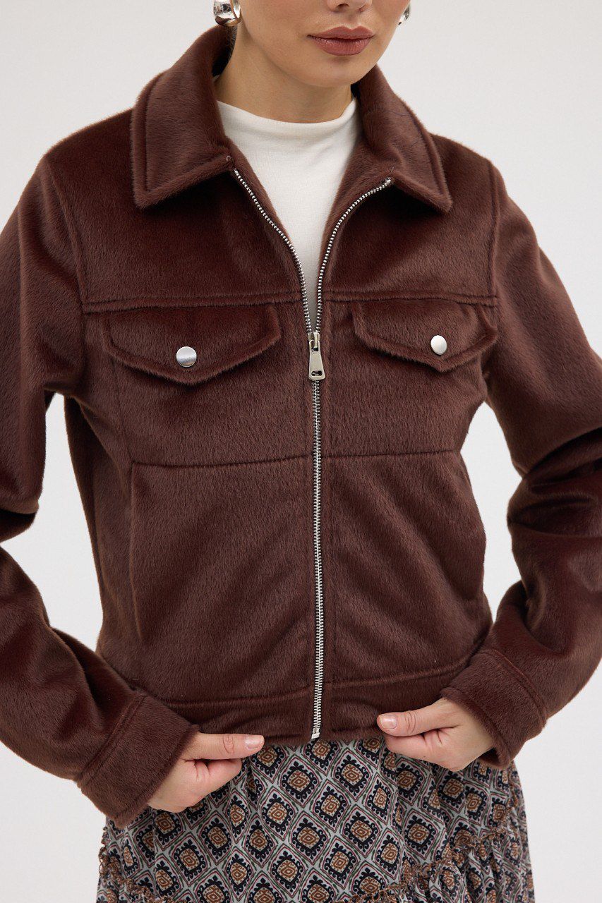 Kürklü Acı Kahve Ceket Fermuarlı