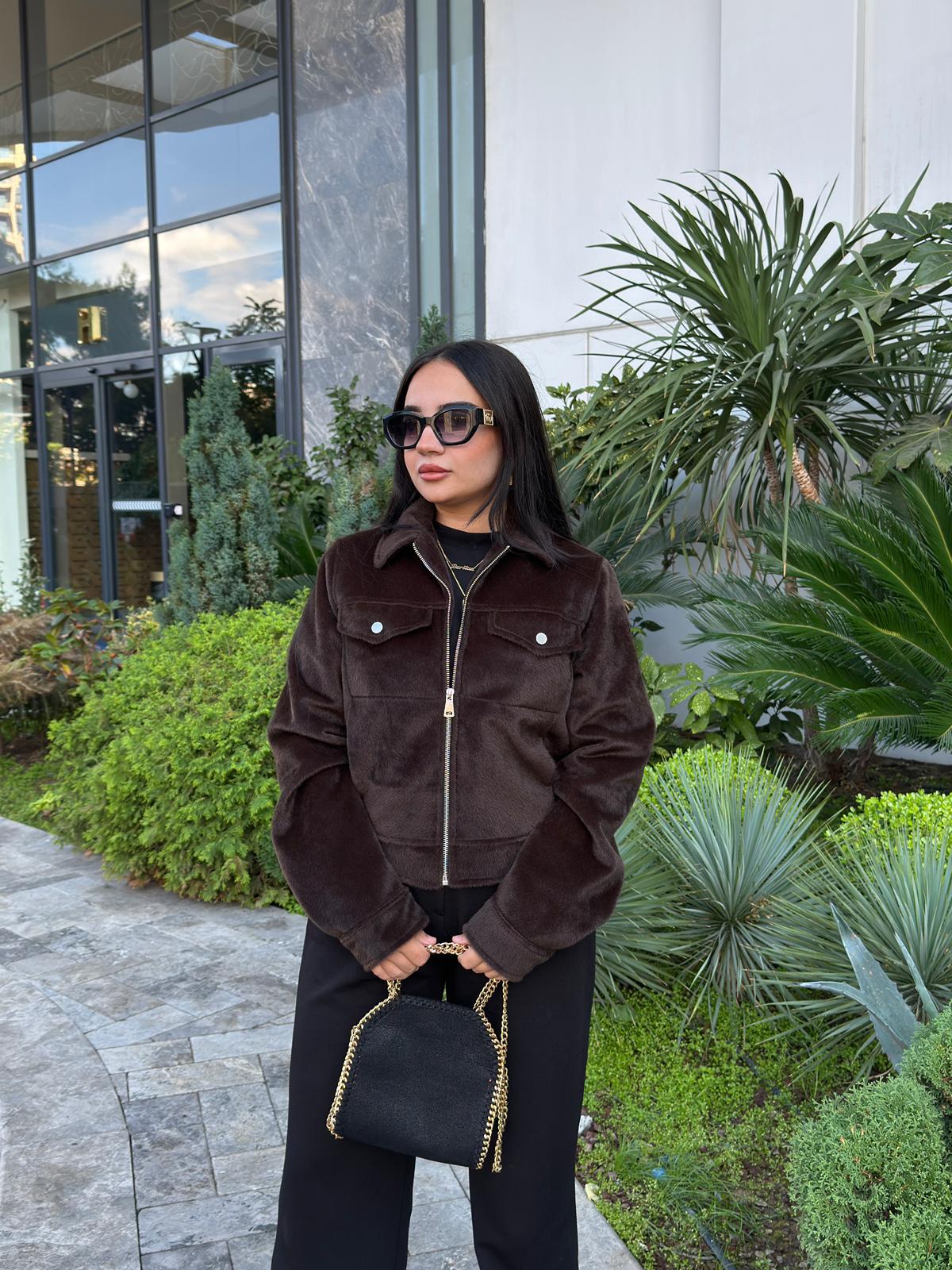 Kürklü Acı Kahve Ceket Fermuarlı