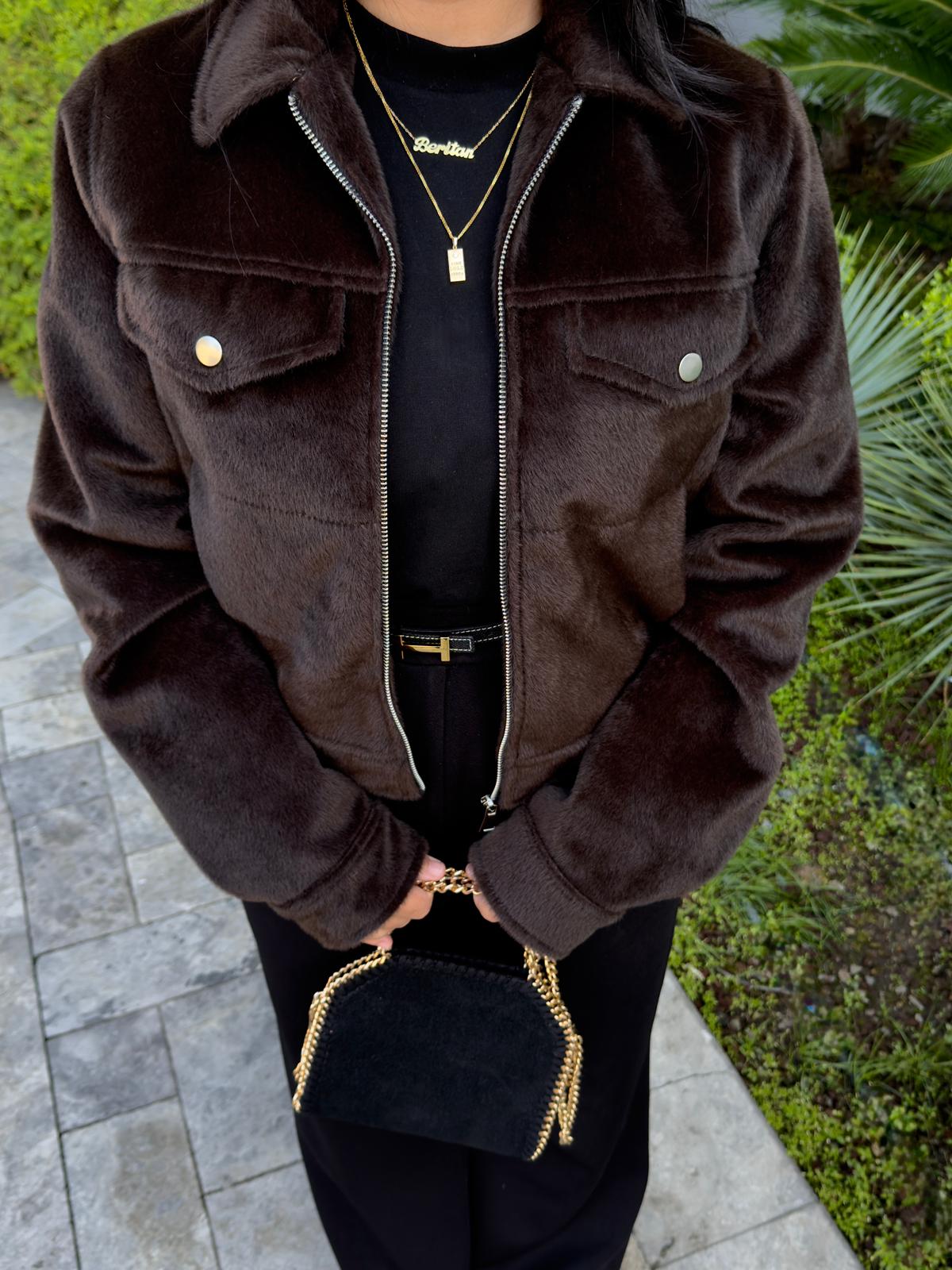 Kürklü Acı Kahve Ceket Fermuarlı