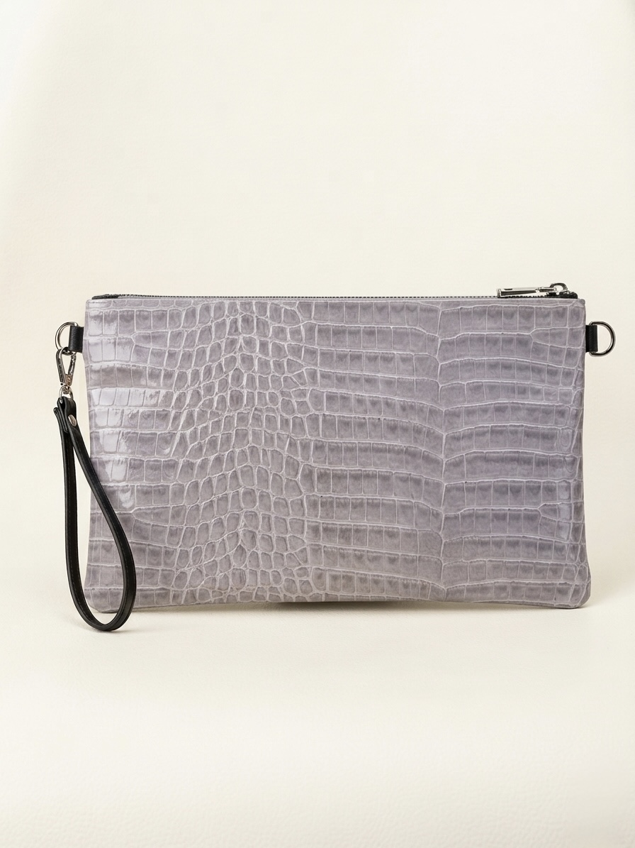 Clutch El Çantası Gri Deri Desenli